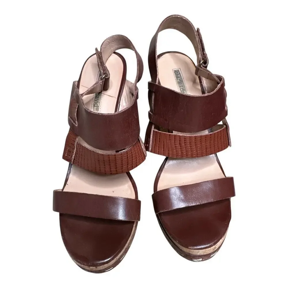 Charles David Trove Brown Leather Strappy Wedge Heels Sandals Size 9.5B